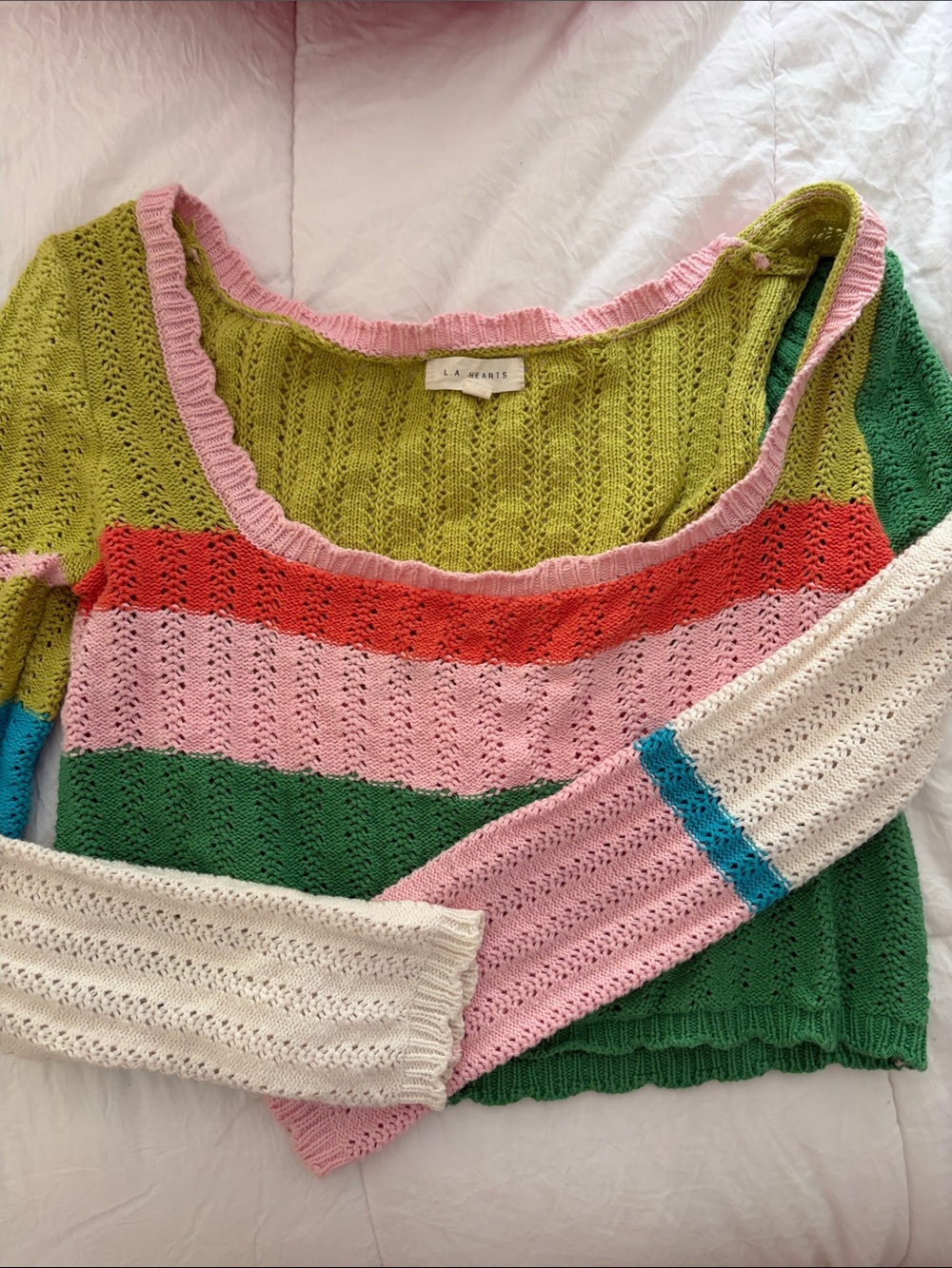 La Hearts Multicolor Openwork Off-Shoulder Sweater